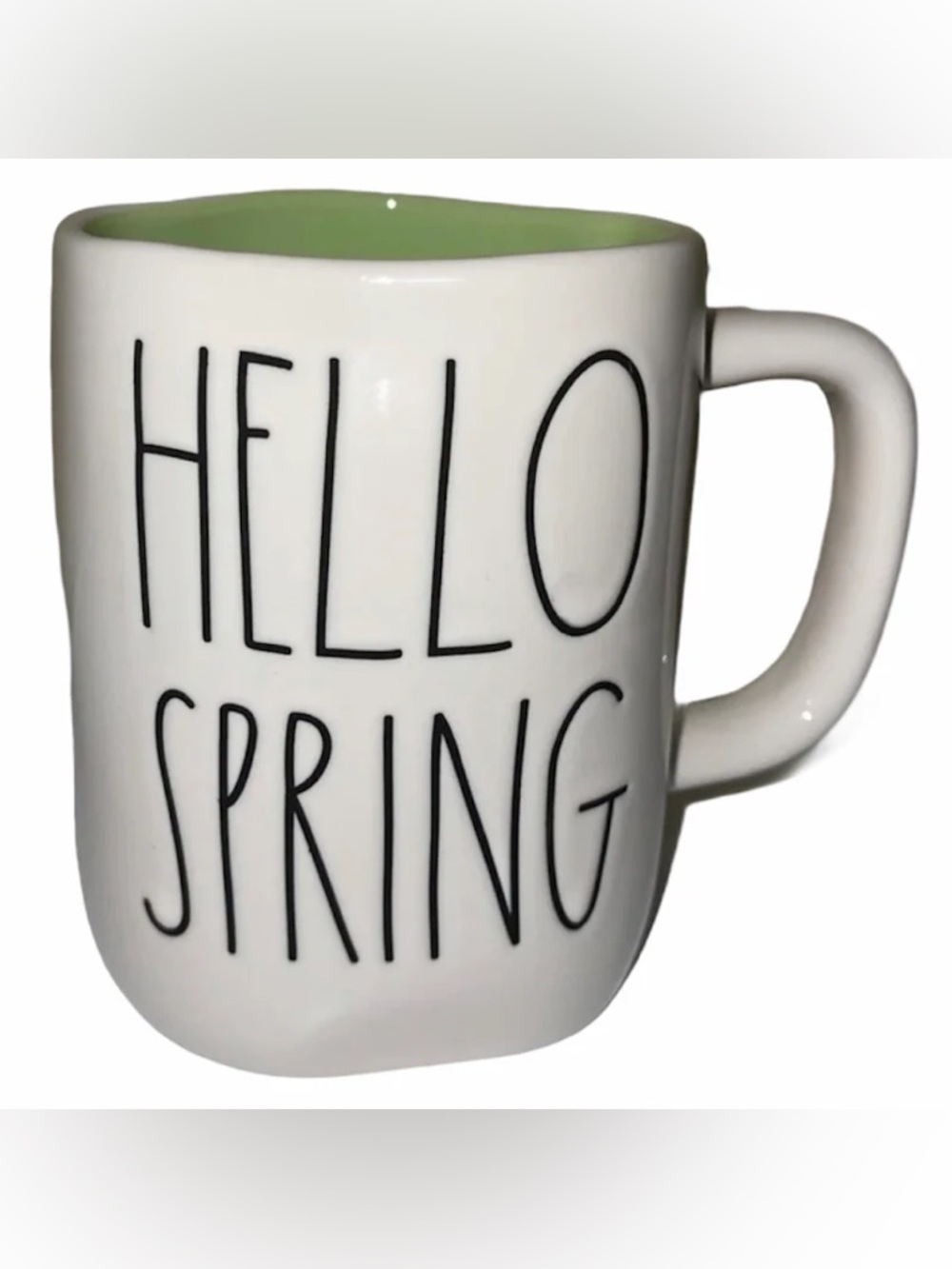 Rae Dunn White Ceramic Mug with Green Interior - HELLO SPRING
